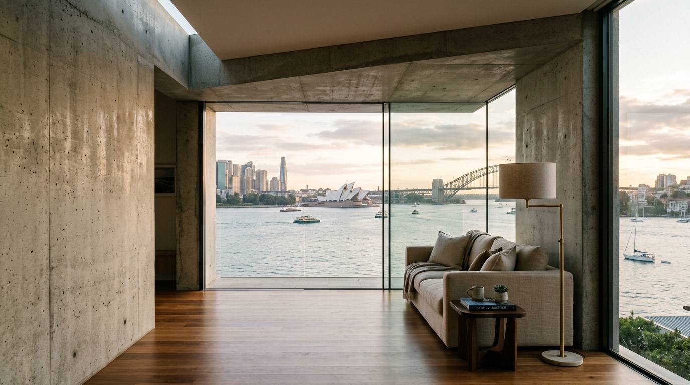 Mosman Plates — living room framed by an asymmetric concrete portal with harbour view