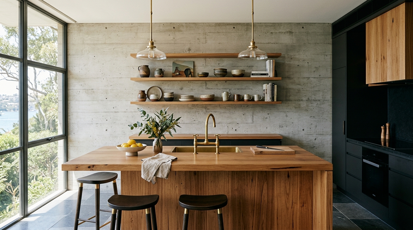 Mosman Plates — blackbutt kitchen island against an off-form concrete wall