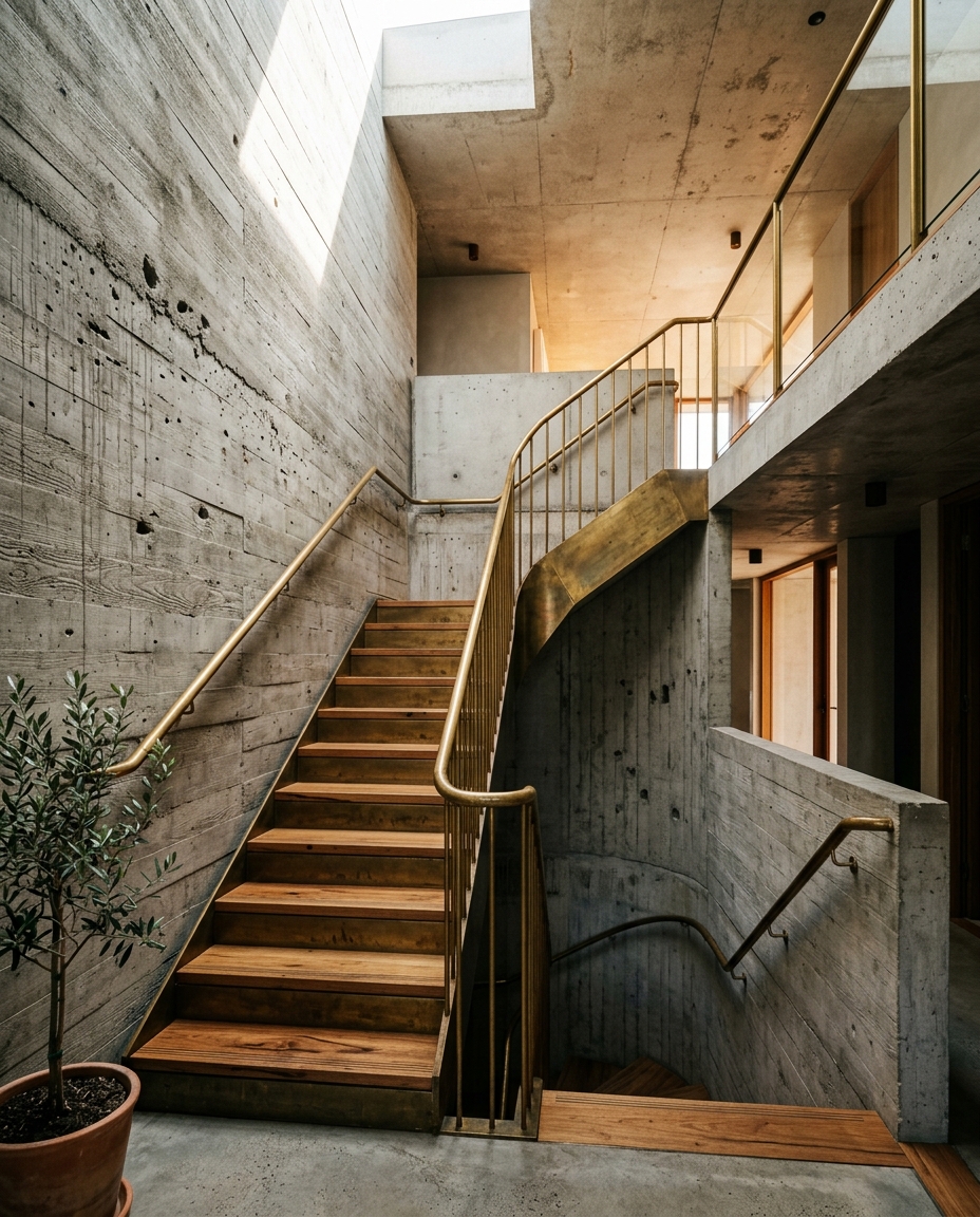 Mosman Plates — brass-detailed staircase linking offset floor plates