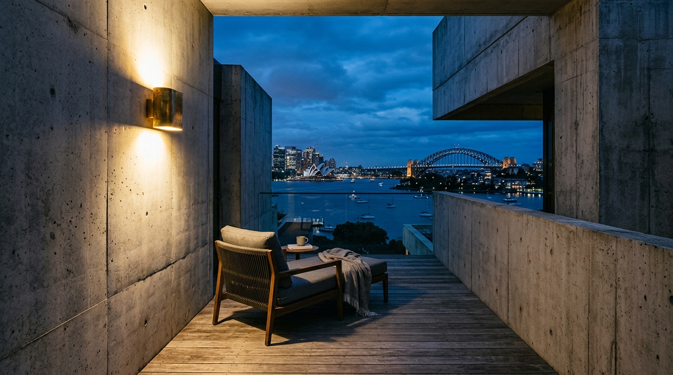 Mosman Plates — evening terrace between shifted concrete volumes