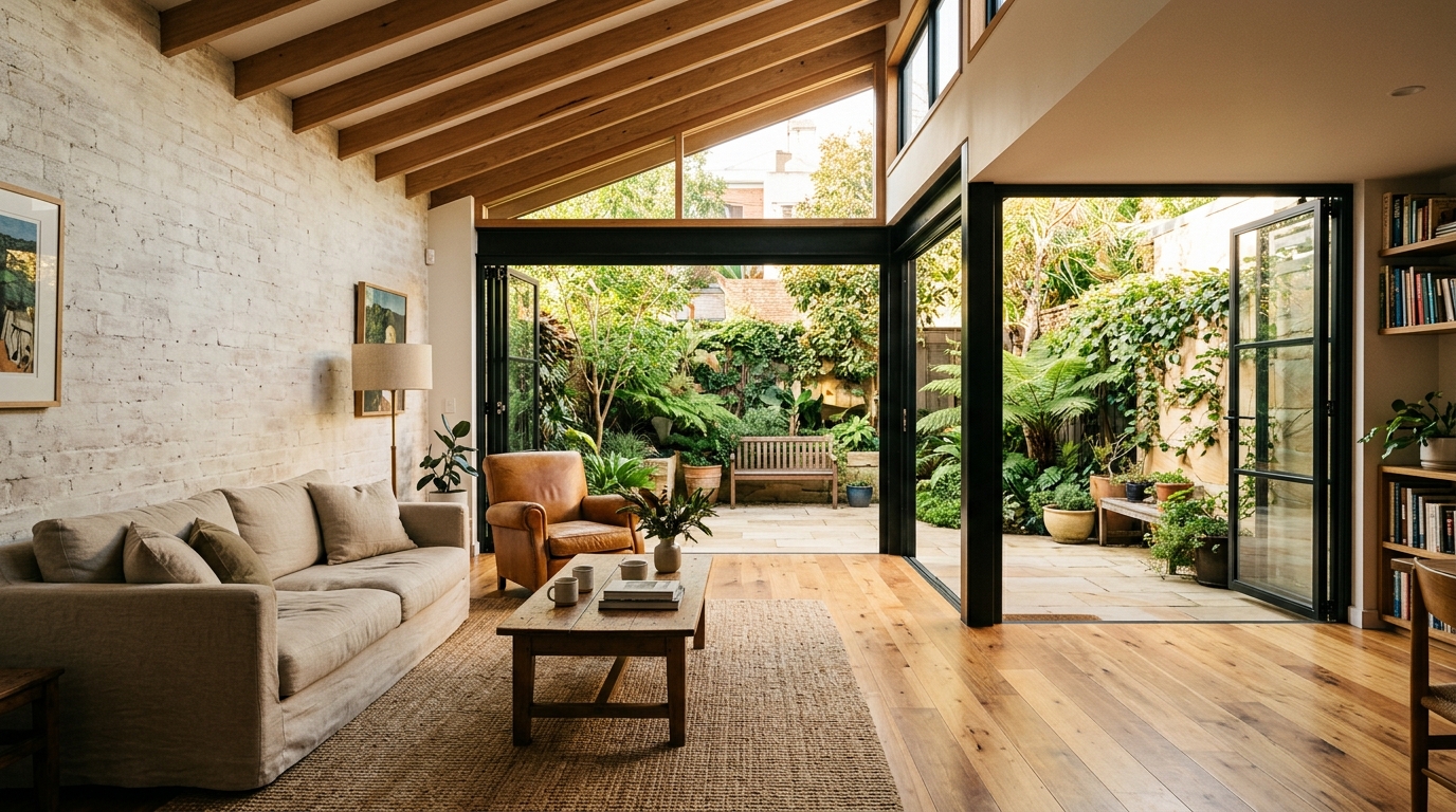 Paddington House — open-plan living with spotted gum floors and raked ceiling