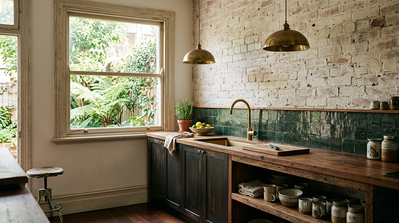 Paddington House — kitchen with lime-washed brick and timber shelving