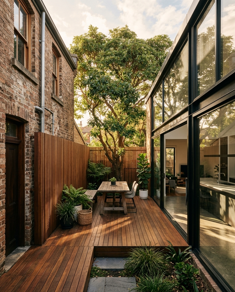 Paddington House — timber-lined courtyard connecting old and new volumes