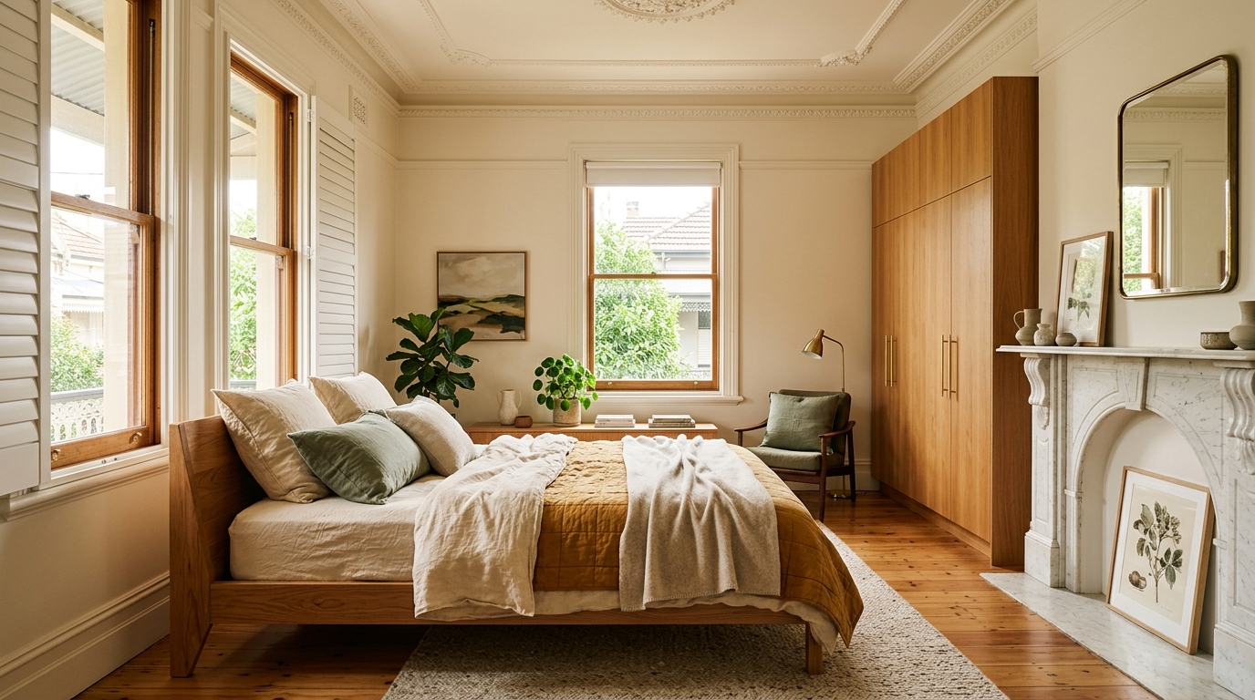 Paddington House — bedroom with original fireplace and new joinery