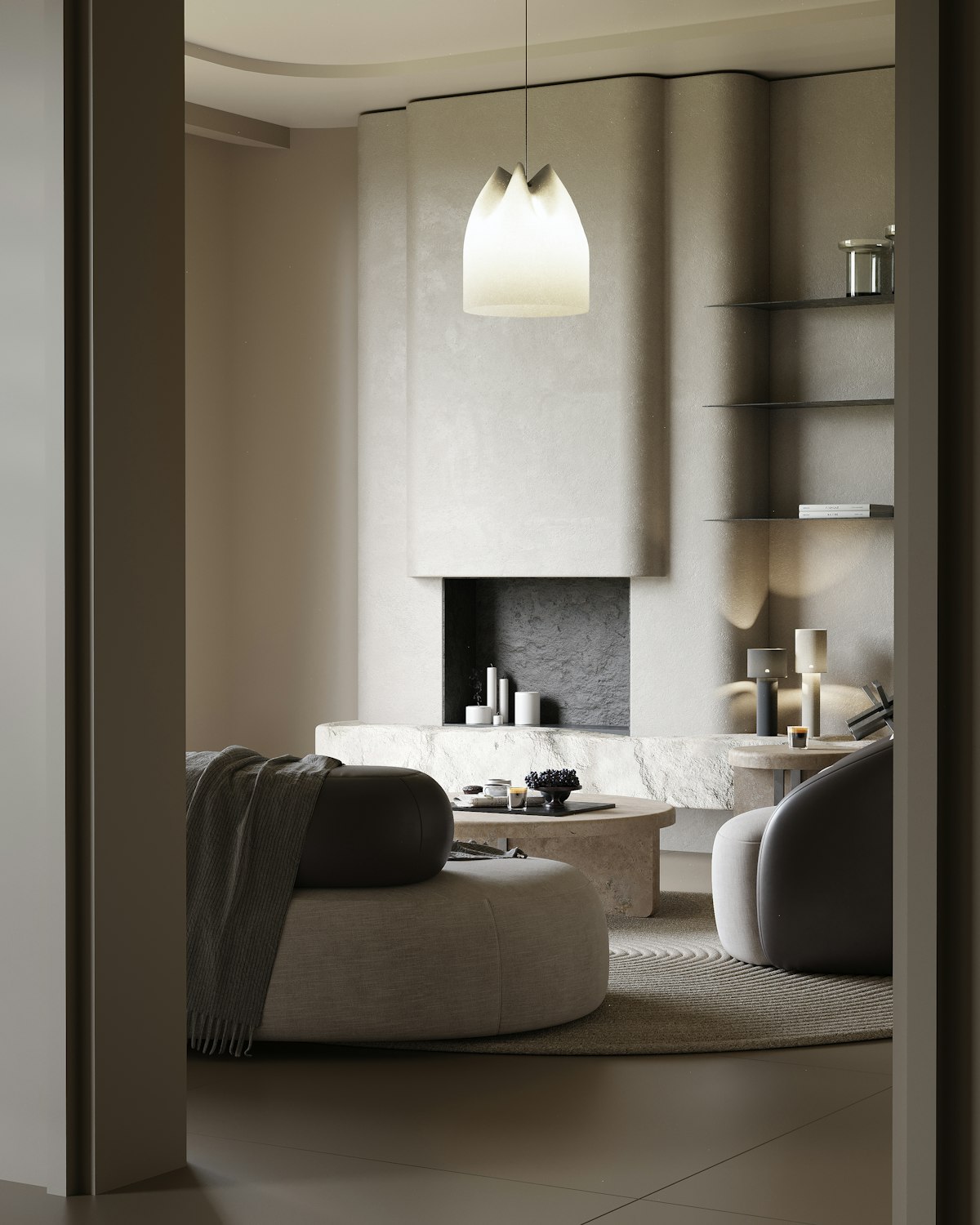 The Reading House — fireplace and low afternoon light