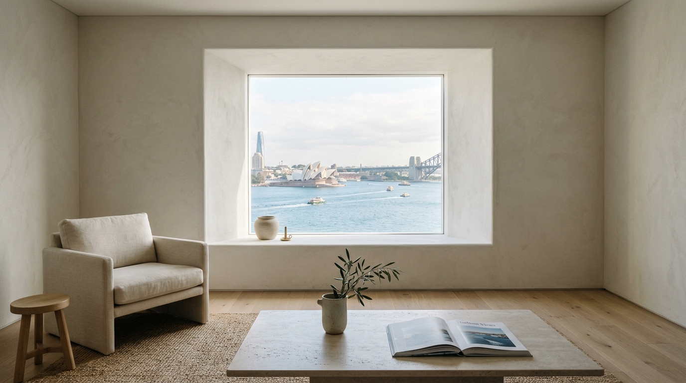 Vaucluse Paper — living room with deep window aperture framing harbour