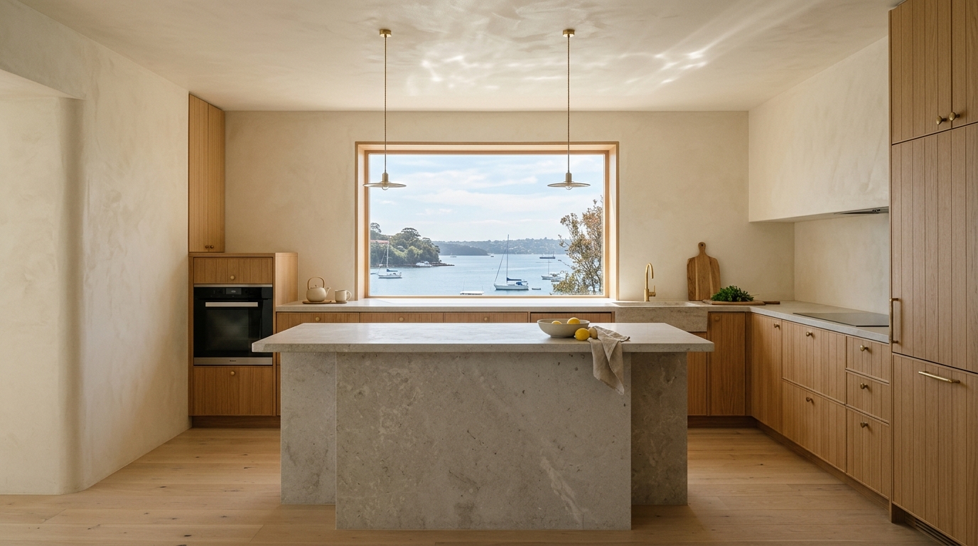 Vaucluse Paper — lime plaster kitchen with honed limestone island