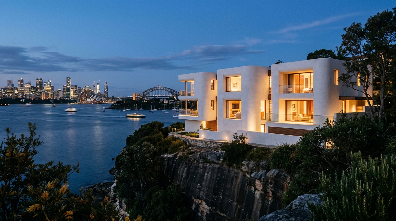 Vaucluse Paper — evening view of pale rendered facade reflecting harbour light