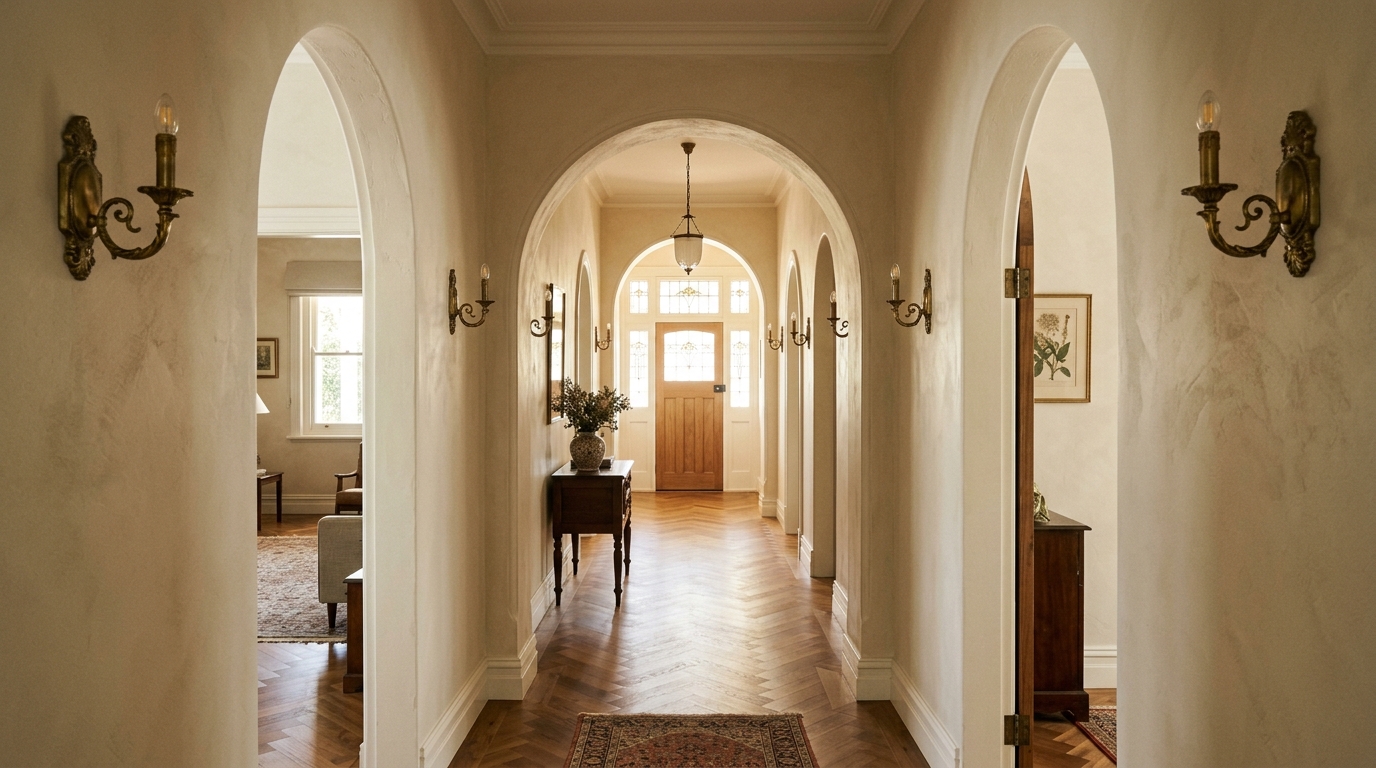 Woollahra Serif — hallway with proportioned arched openings and deep reveals