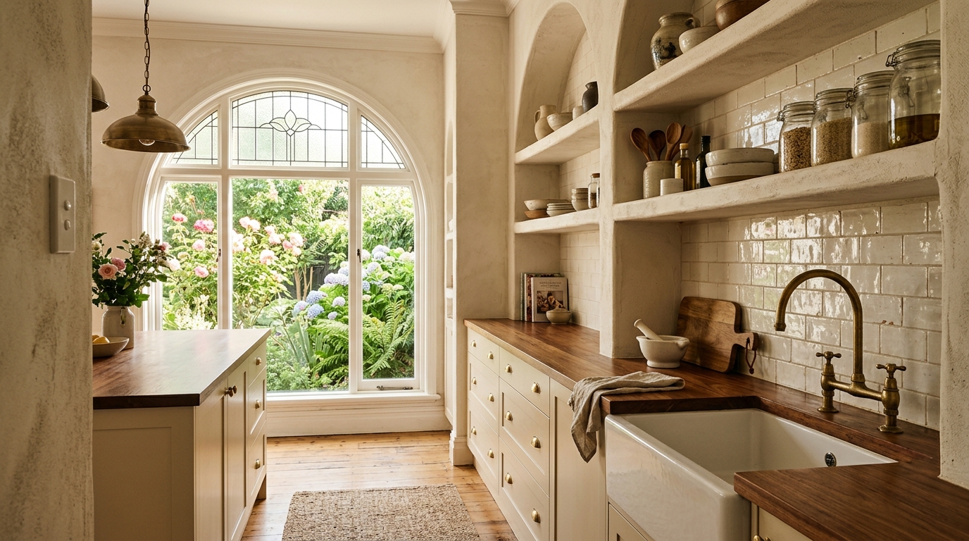 Woollahra Serif — kitchen with thick plaster shelving and spotted gum bench