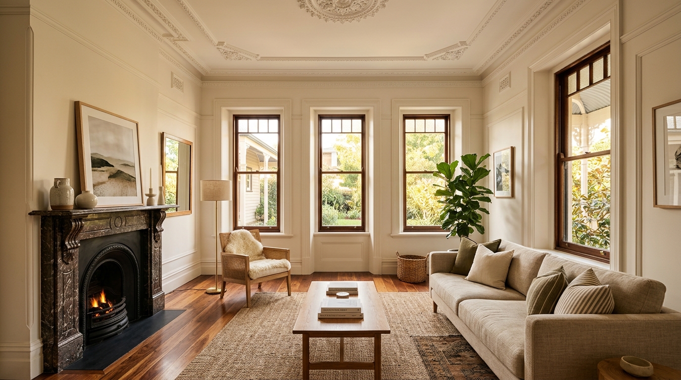 Woollahra Serif — living room with tall windows at golden-ratio proportions