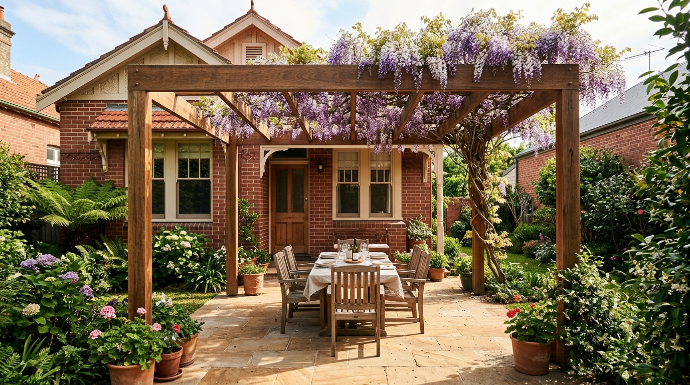 Woollahra Serif — rear courtyard with classical-ratio pergola structure
